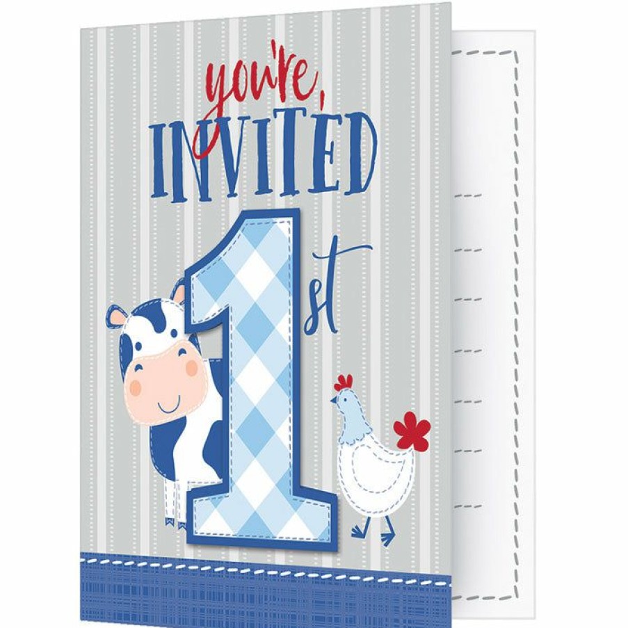 Birthdays * | Creative Converting 1St Birthday Party Themes Farmhouse Birthday Blue Foldover Invitations W/ Attachment (48/Case)