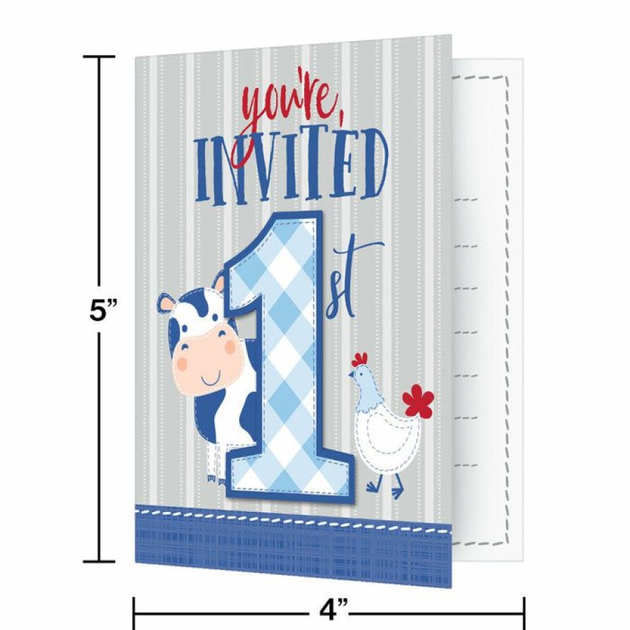 Birthdays * | Creative Converting 1St Birthday Party Themes Farmhouse Birthday Blue Foldover Invitations W/ Attachment (48/Case)