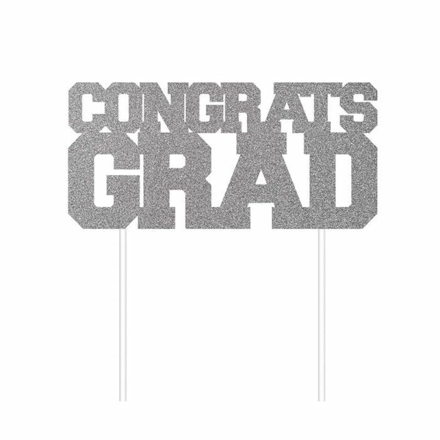 Graduation Party Supplies * | Creative Converting Silver Congrats Grad Cake Topper