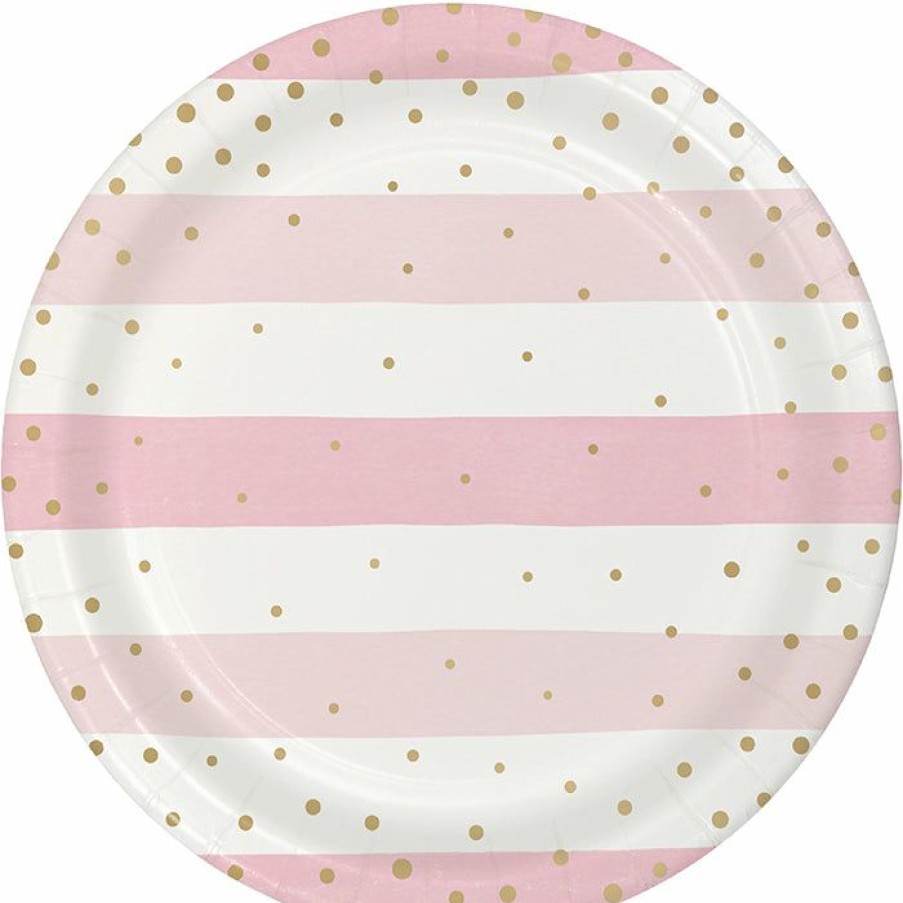 Birthdays * | Creative Converting 1St Birthday Party Themes Pink Gold Celebration Dinner Plate, Foil, Stripes 8Ct