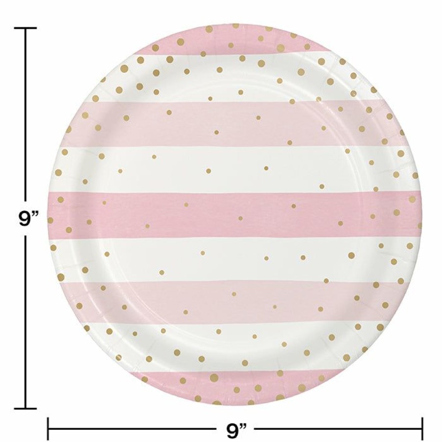 Birthdays * | Creative Converting 1St Birthday Party Themes Pink Gold Celebration Dinner Plate, Foil, Stripes 8Ct